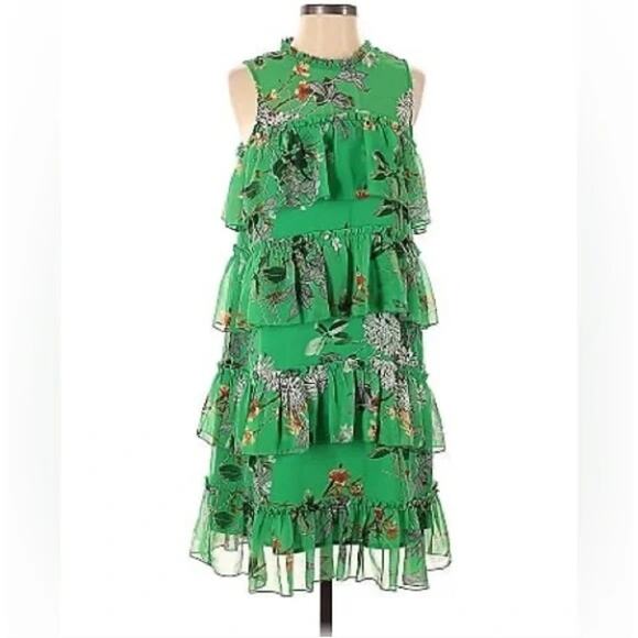 MAXSPORT Tiered Chiffon Mini Dress Exotic Green Floral Sz XL NWT $268 {3K14} - Picture 2 of 3